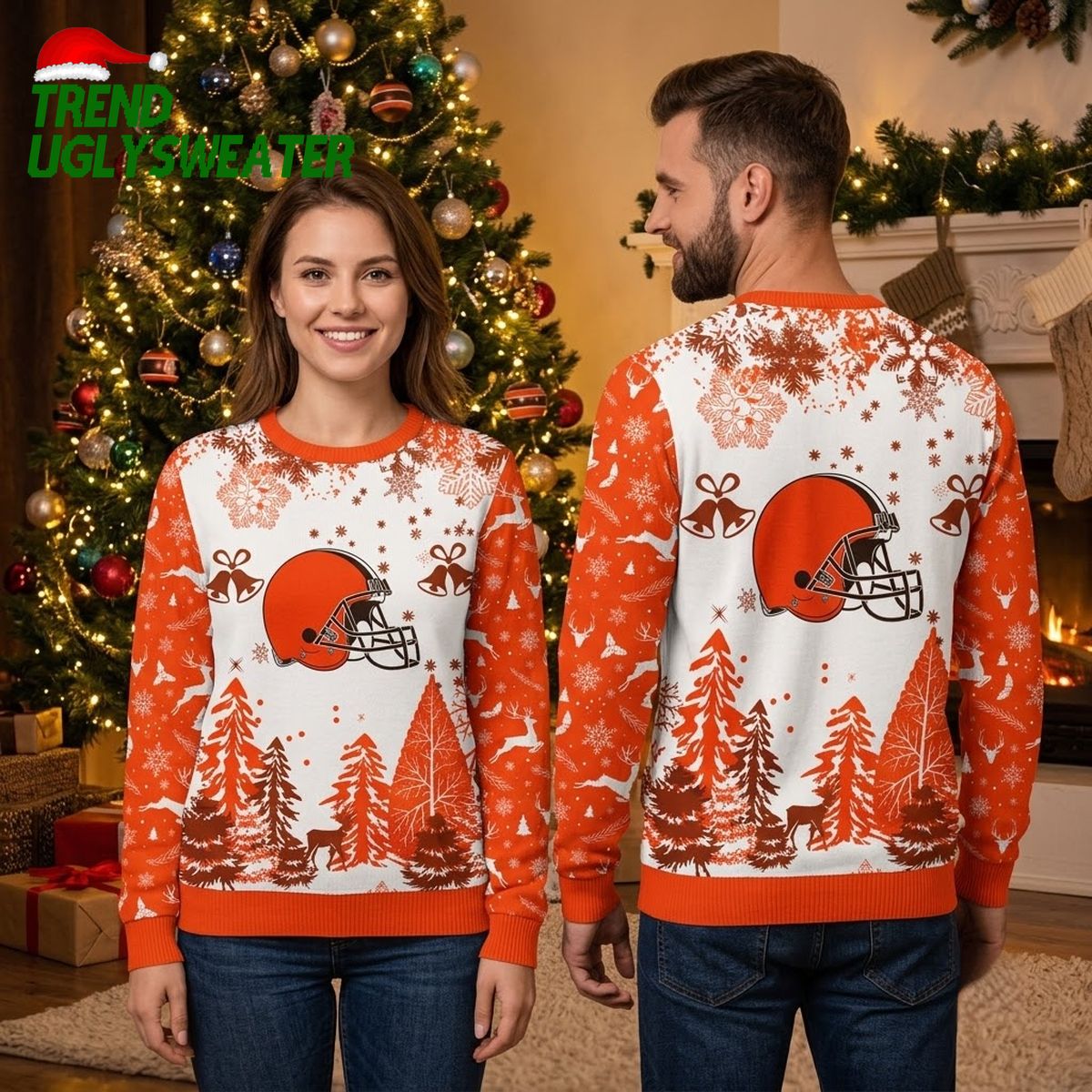 Cleveland Browns Football Helmet Snowflakes And Christmas Trees Ugly Christmas Sweater