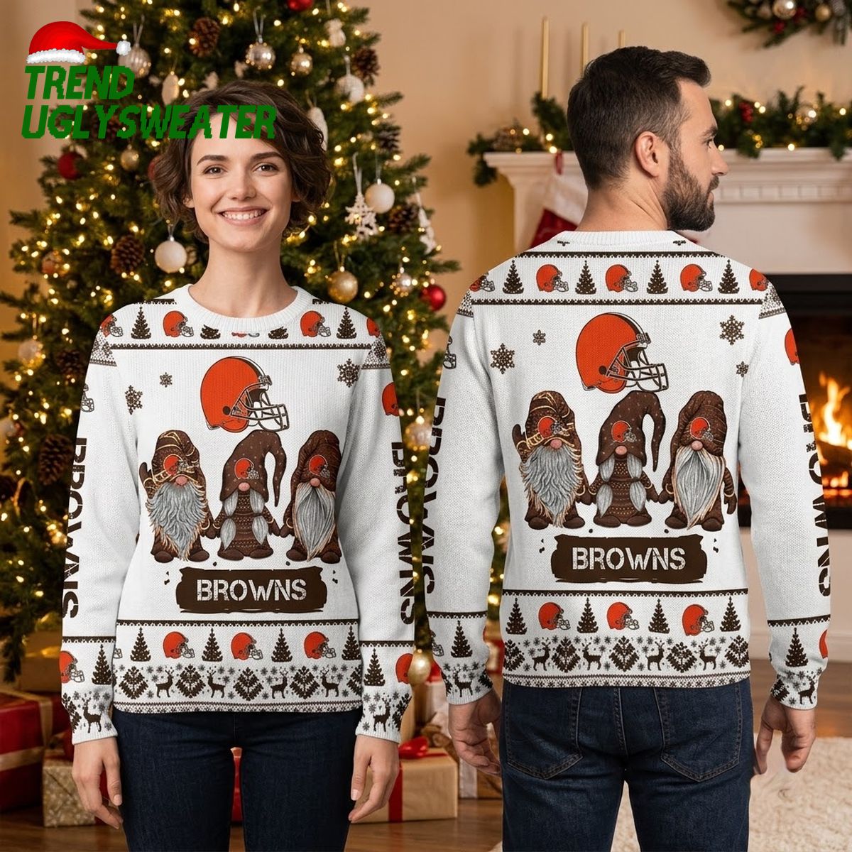Cleveland Browns Gnome Trio And Football Helmet Ugly Christmas Sweater