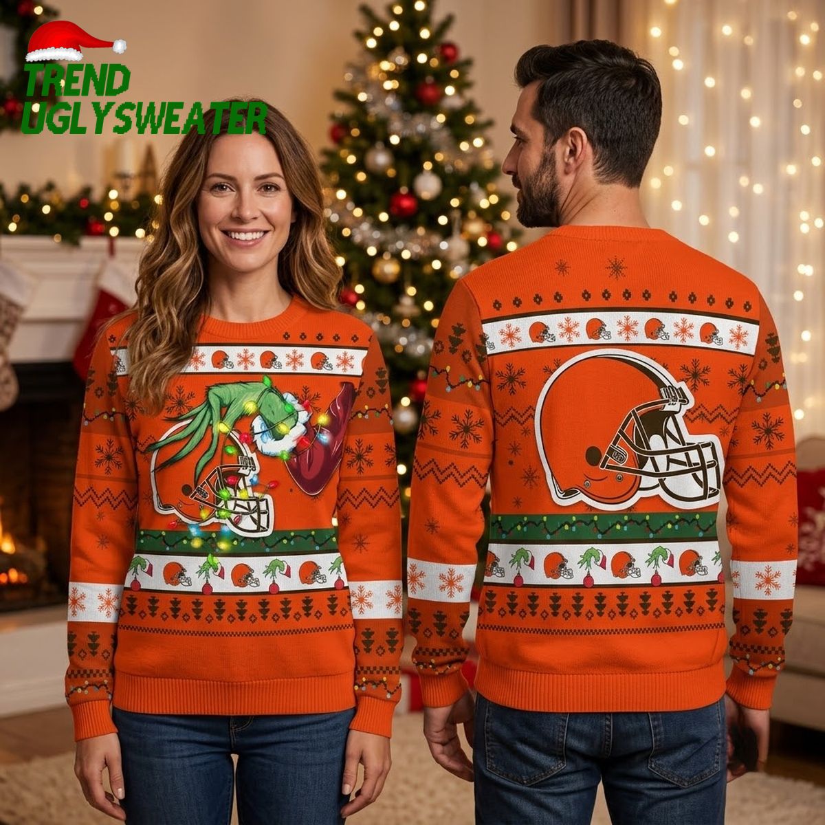 Cleveland Browns Grinch Holding Football Helmet Ugly Christmas Sweater