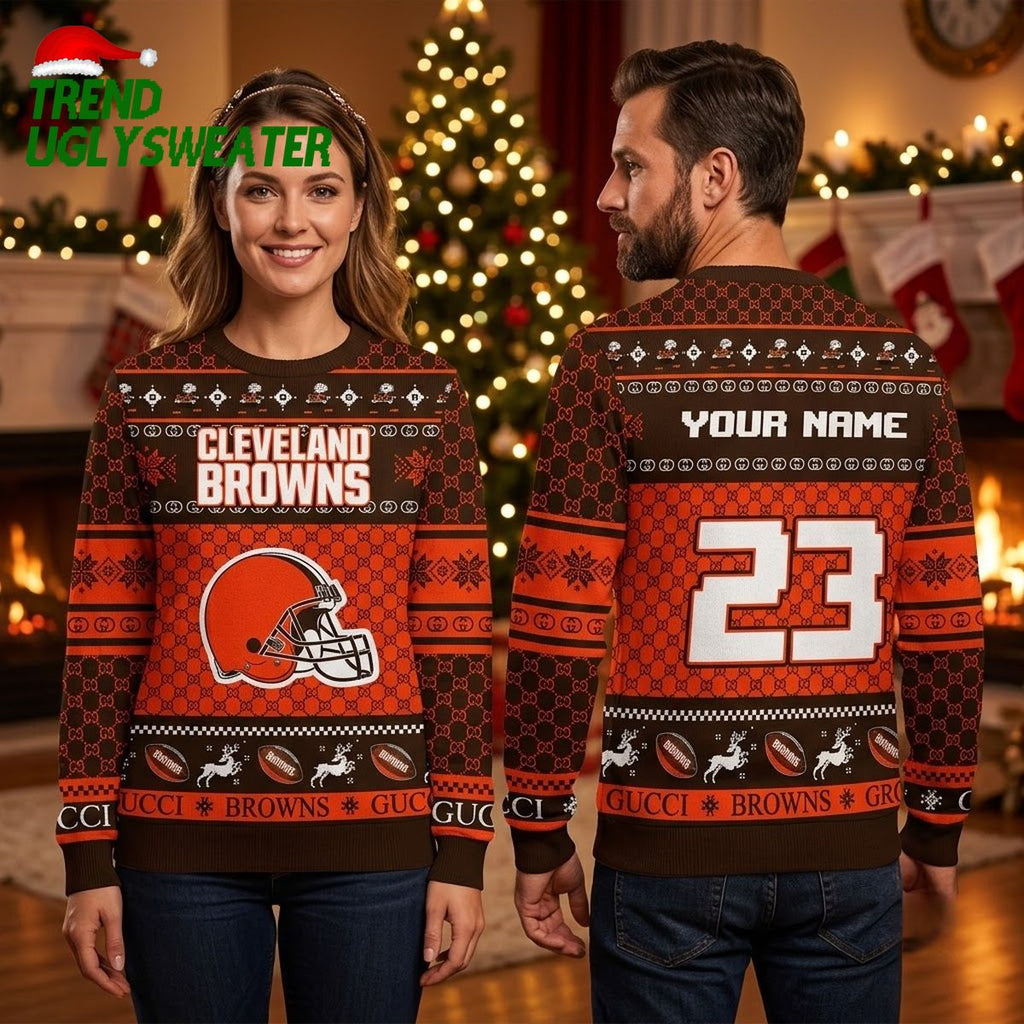 Cleveland Browns Gucci Pattern Football Helmet Custom Name Ugly Christmas Sweater