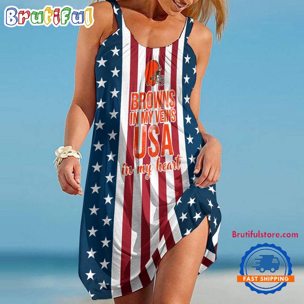 Cleveland Browns In My Veins USA In My Heart Independence Day Women’s Summer Beach Sling Dress