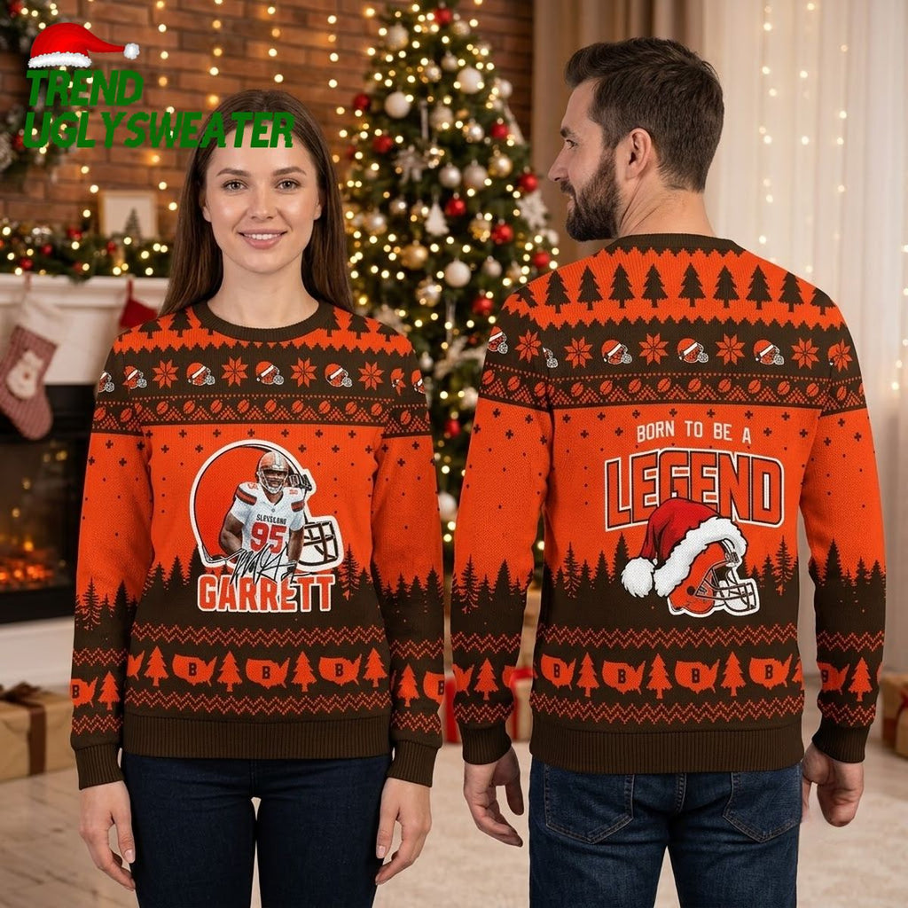 Cleveland Browns Myles Garrett 95 Santa Hat Helmet Ugly Christmas Sweater