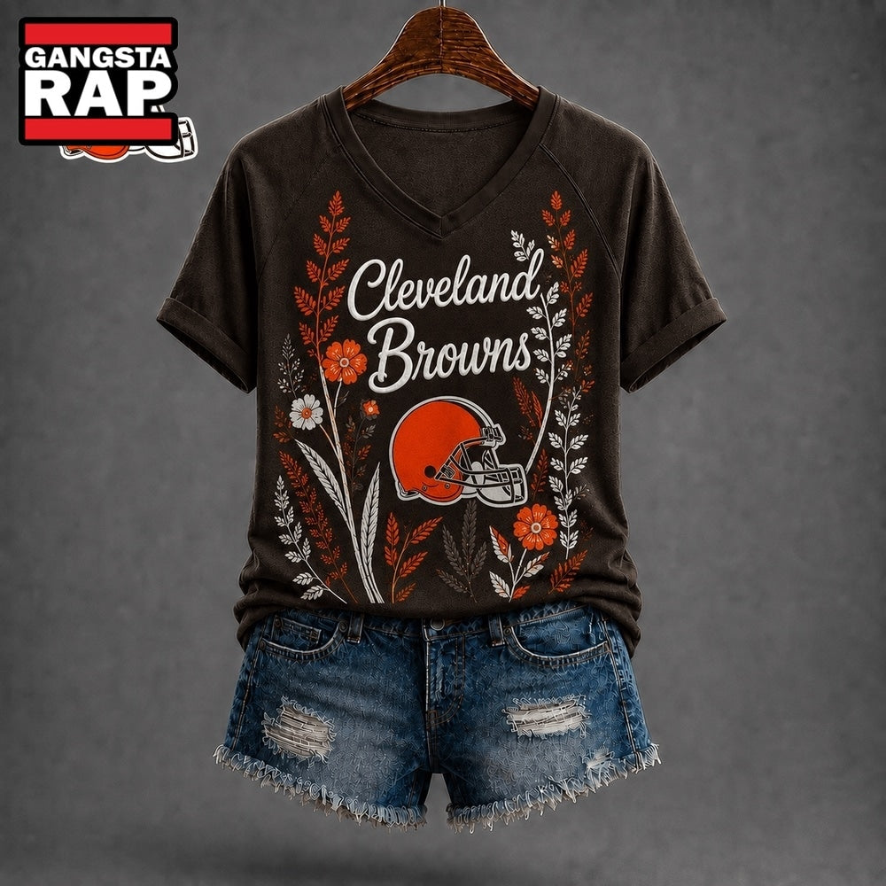 Cleveland Browns NFL Floral Garden V Neck T Shirt