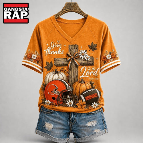 Cleveland Browns NFL Thanksgiving Faith And Football V Neck T Shirt