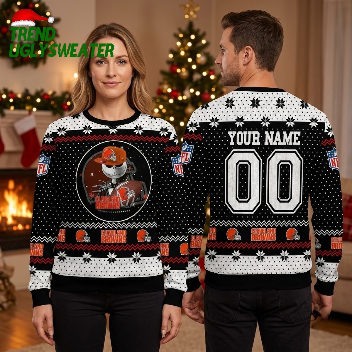 Cleveland Browns Skeleton Football Player Custom Name Ugly Christmas Sweater