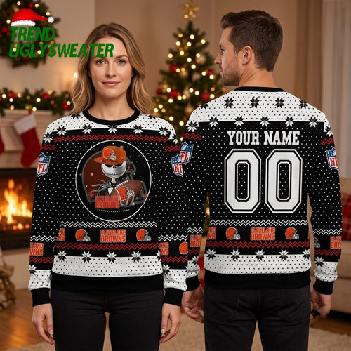 Cleveland Browns Skeleton Football Player Custom Name Ugly Christmas Sweater