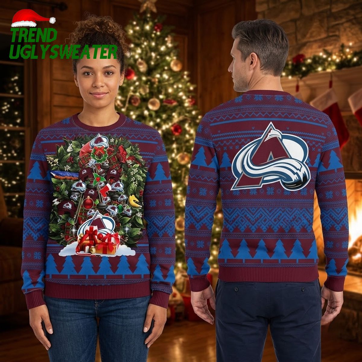 Colorado Avalanche Christmas Tree With Presents Ugly Christmas Sweater