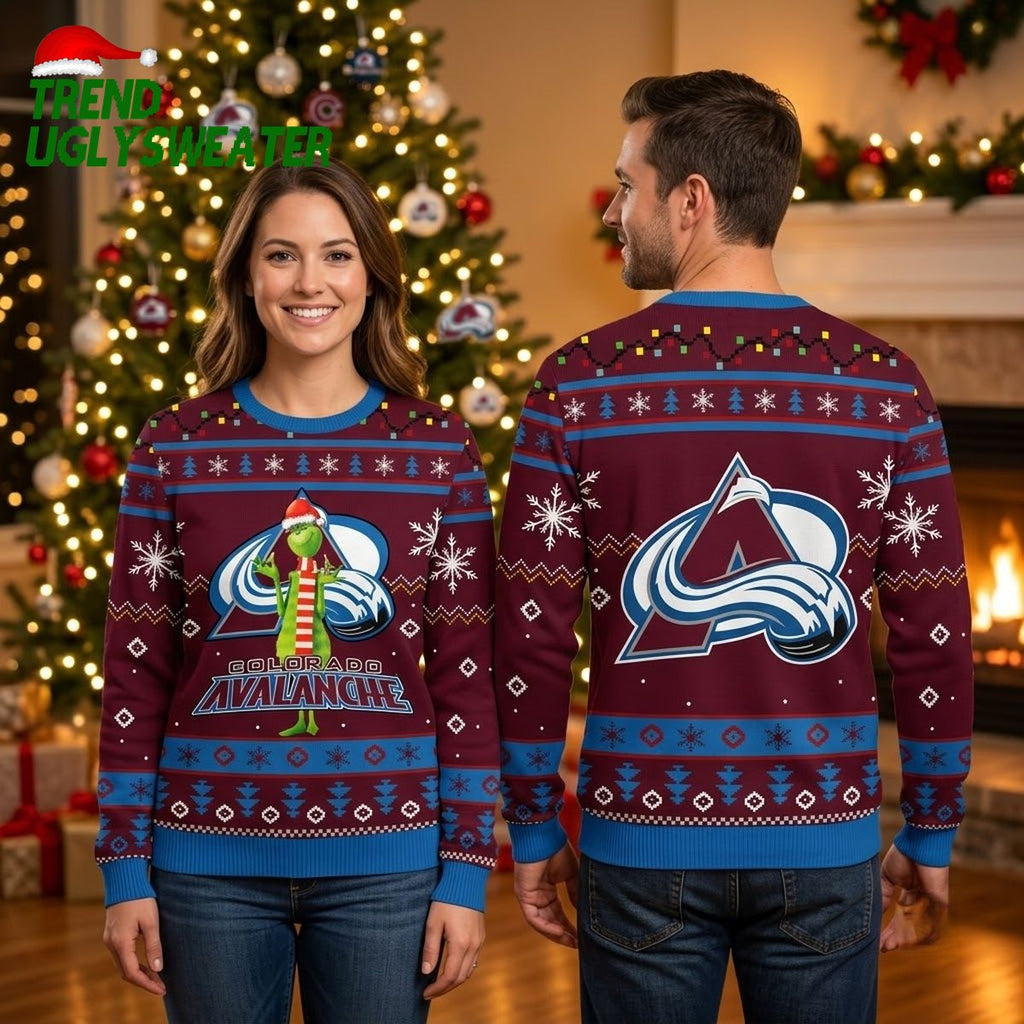 Colorado Avalanche Grinch Santa Hat Ugly Christmas Sweater
