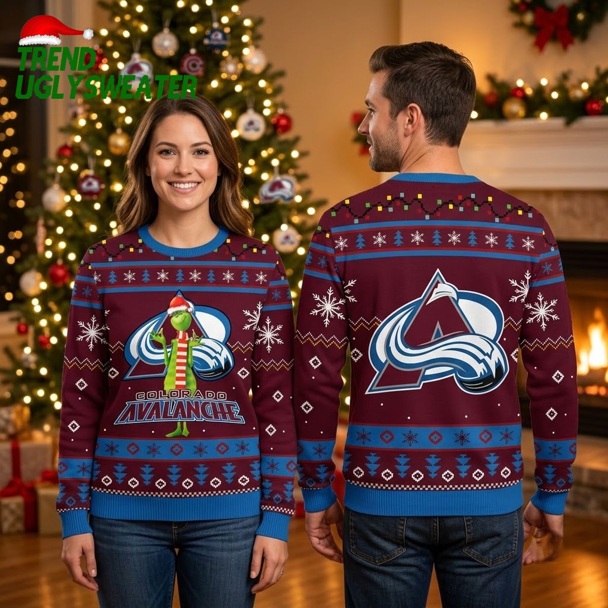 Colorado Avalanche Grinch Santa Hat Ugly Christmas Sweater
