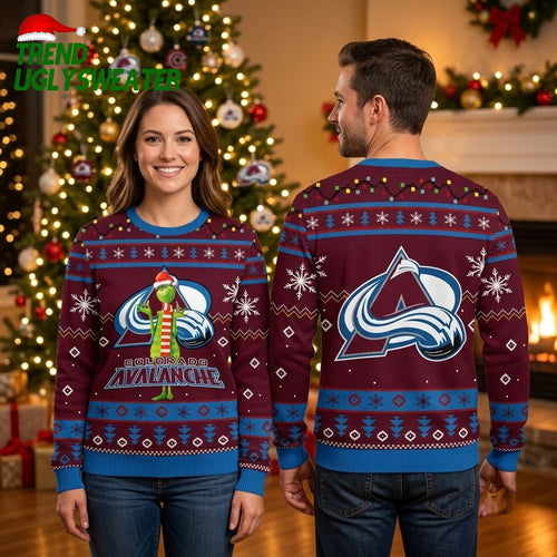 Colorado Avalanche Grinch Santa Hat Ugly Christmas Sweater