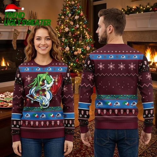 Colorado Avalanche Grinch Wrapped In Christmas Lights Ugly Christmas Sweater