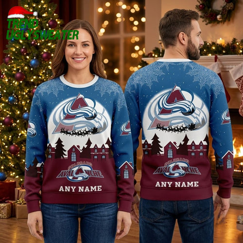 Colorado Avalanche Logo Santa Sleigh Custom Name Ugly Christmas Sweater