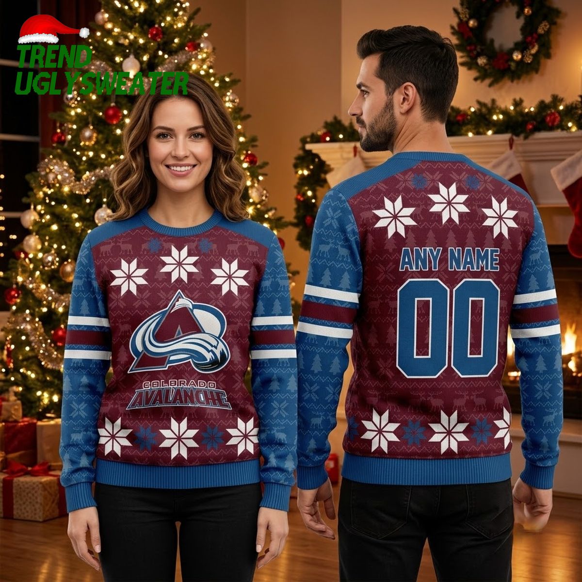 Colorado Avalanche Snowflake Logo Custom Name And Number Ugly Christmas Sweater