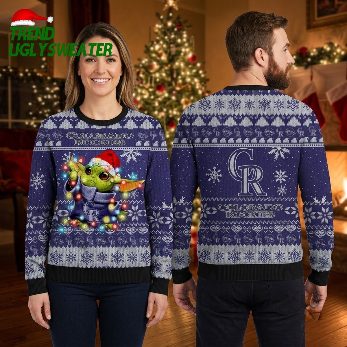 Colorado Rockies Baby Yoda With Christmas Lights Ugly Christmas Sweater
