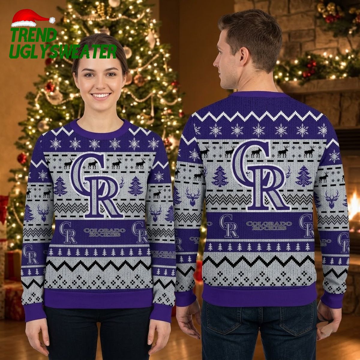 Colorado Rockies Deer And Christmas Trees Ugly Christmas Sweater