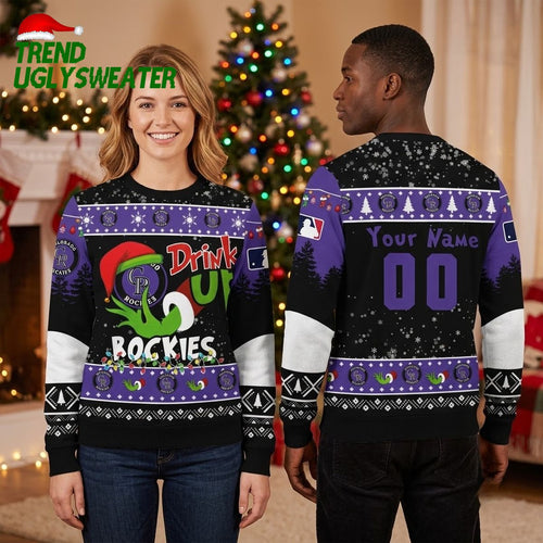 Colorado Rockies Grinch Drink Up Custom Name And Number Ugly Christmas Sweater