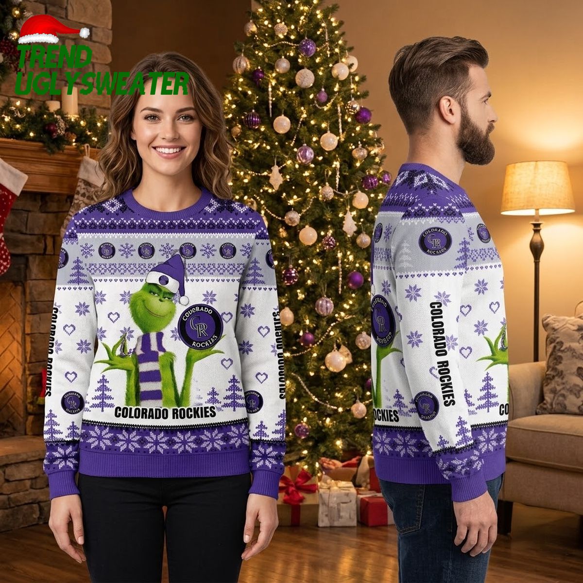 Colorado Rockies Grinch Santa Hat Ugly Christmas Sweater