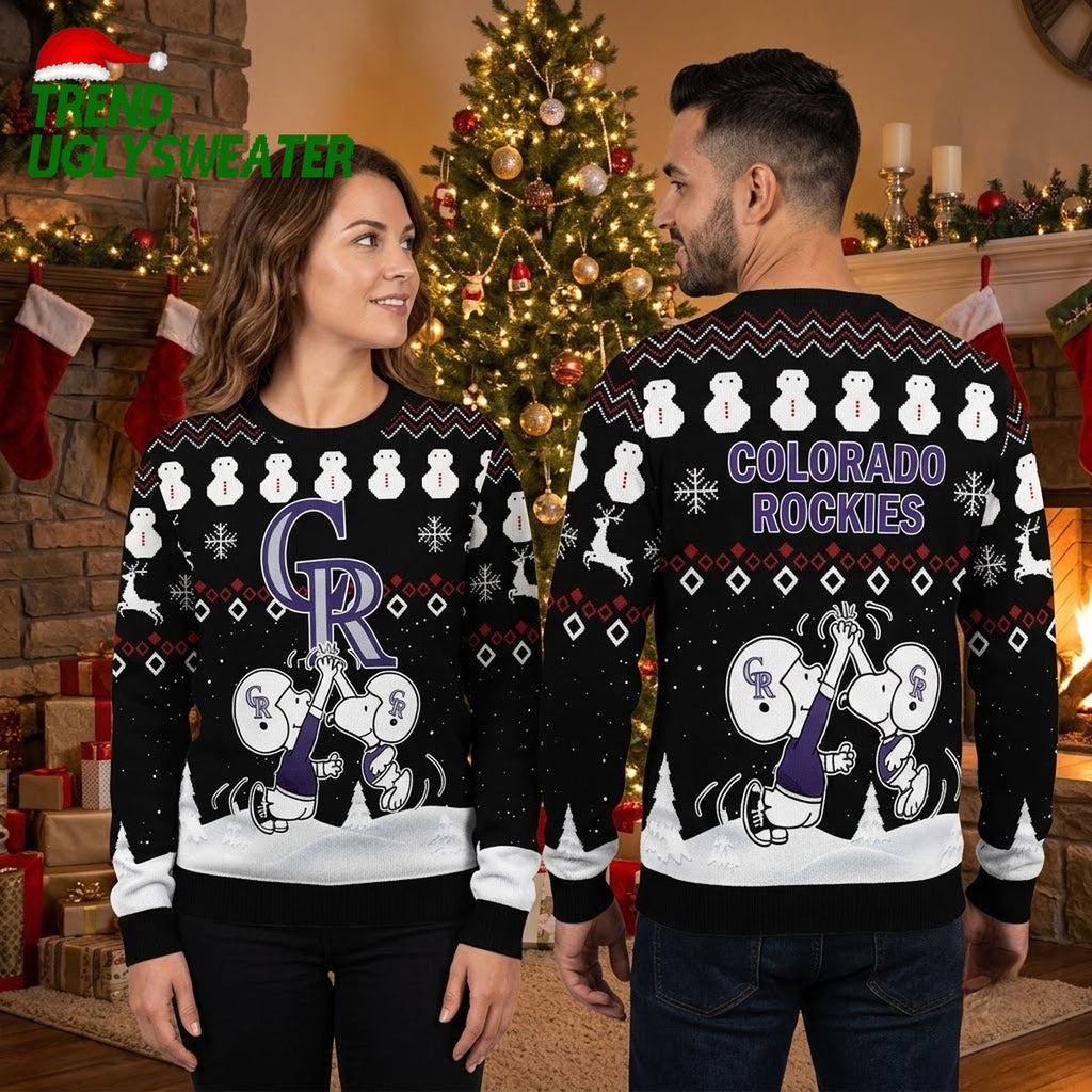 Colorado Rockies Snoopy High Five Snowman Pattern Ugly Christmas Sweater