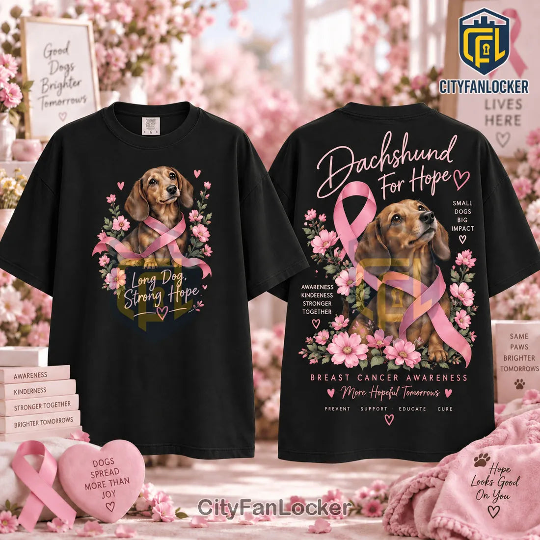 Dachshund Hope Pink Ribbon Breast Cancer Awareness Shirt