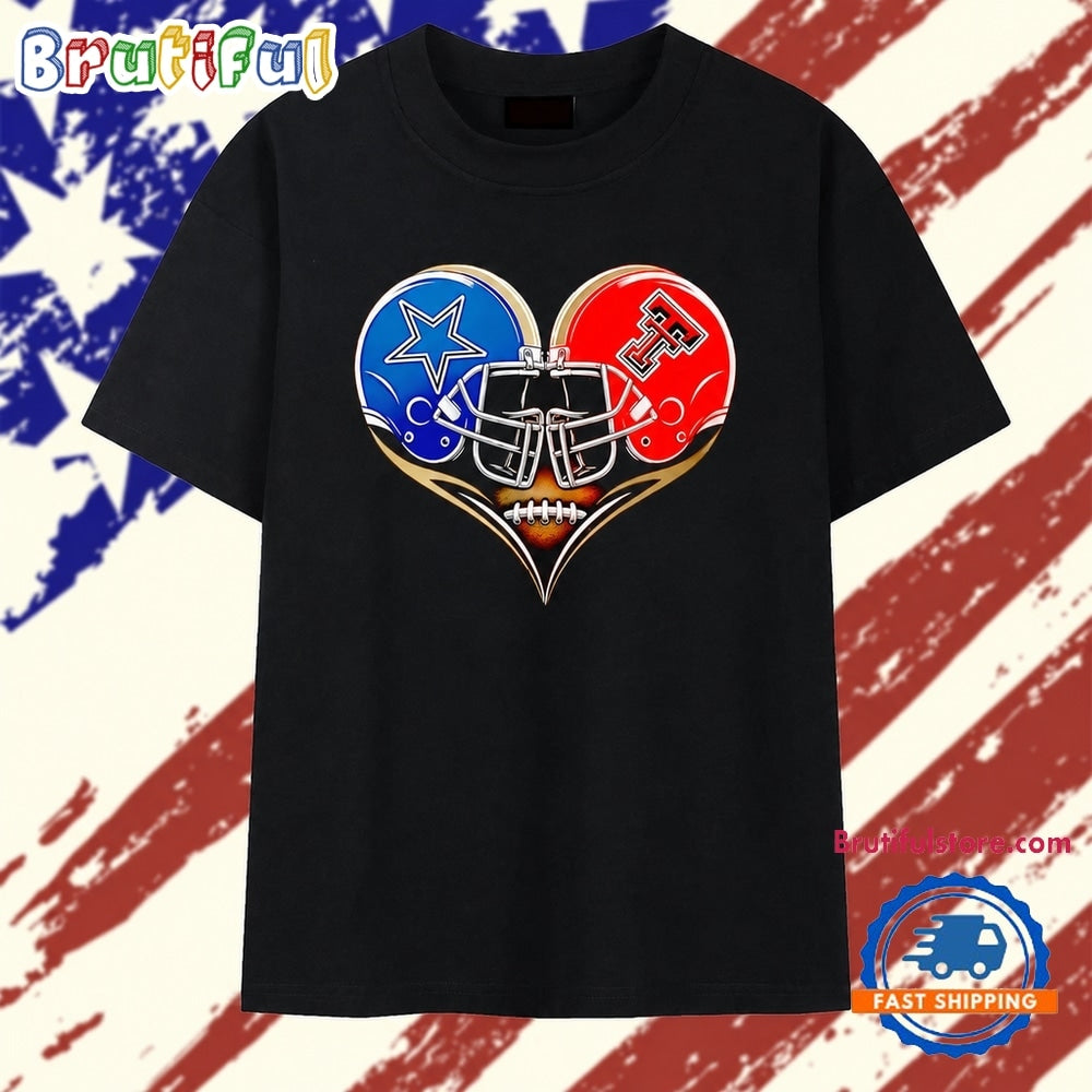 Dallas Cowboys and Texas Tech Red Raiders Heart Football Helmet T Shirt
