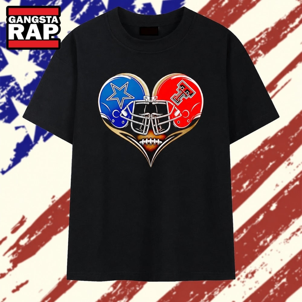 Dallas Cowboys and Texas Tech Red Raiders Heart Football Helmet T Shirt