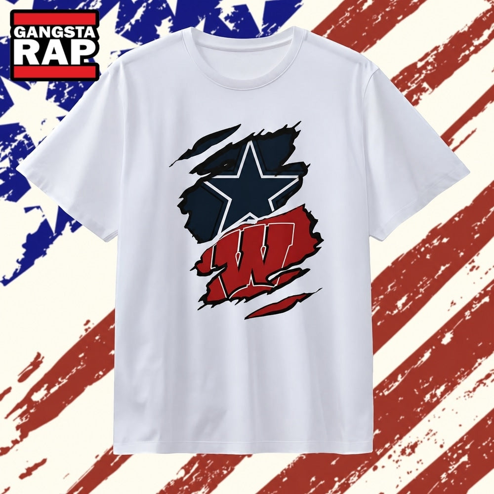 Dallas Cowboys and Wisconsin Badgers ripped skin logo T Shirt