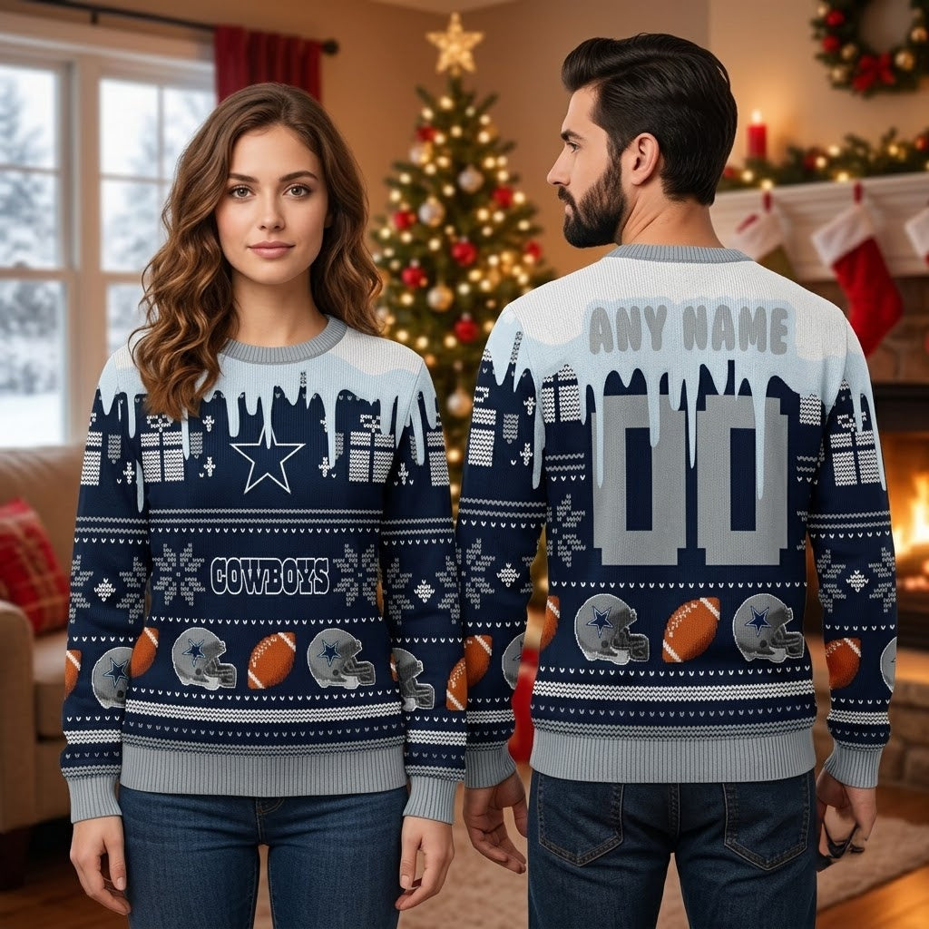 Dallas Cowboys Custom Name Football Helmet Ugly Christmas Sweater