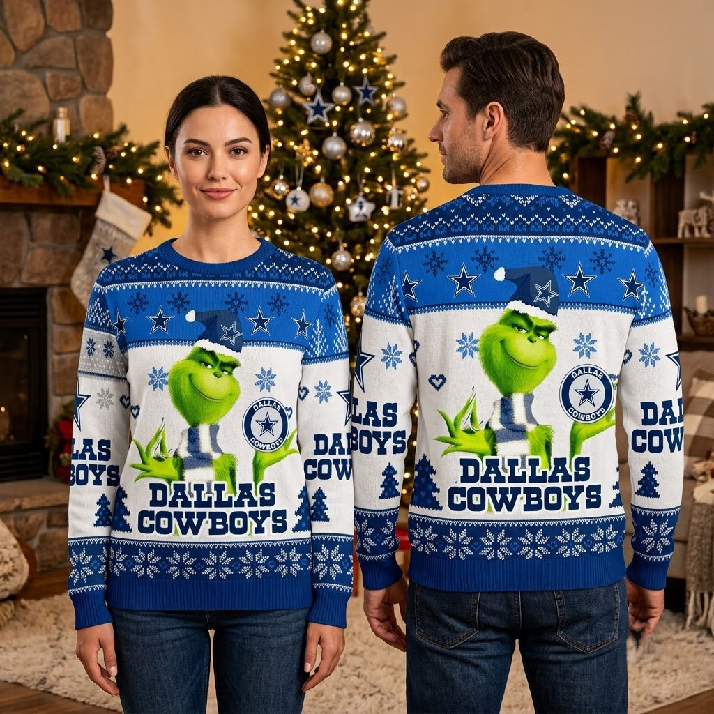 Dallas Cowboys Grinch Santa Hat Ugly Christmas Sweater