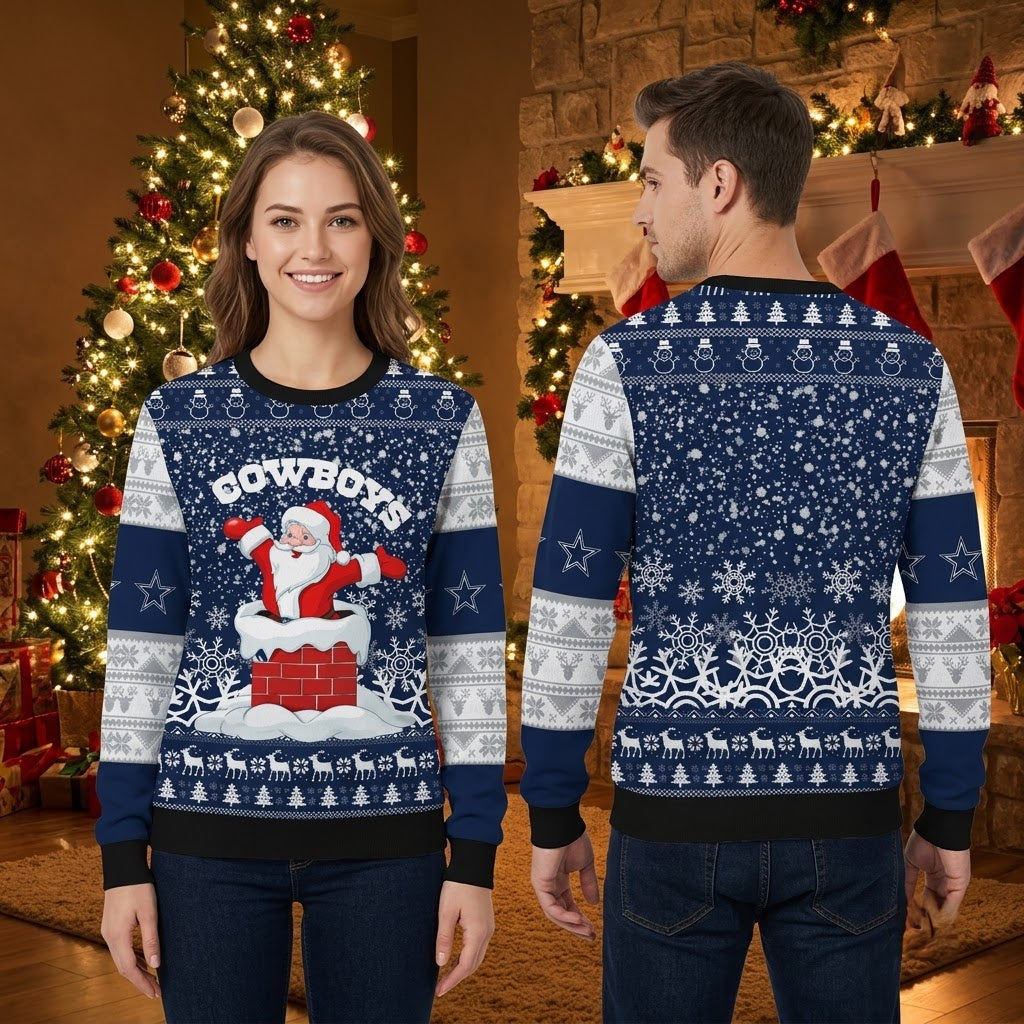 Dallas Cowboys Santa Chimney Snowflake Ugly Christmas Sweater