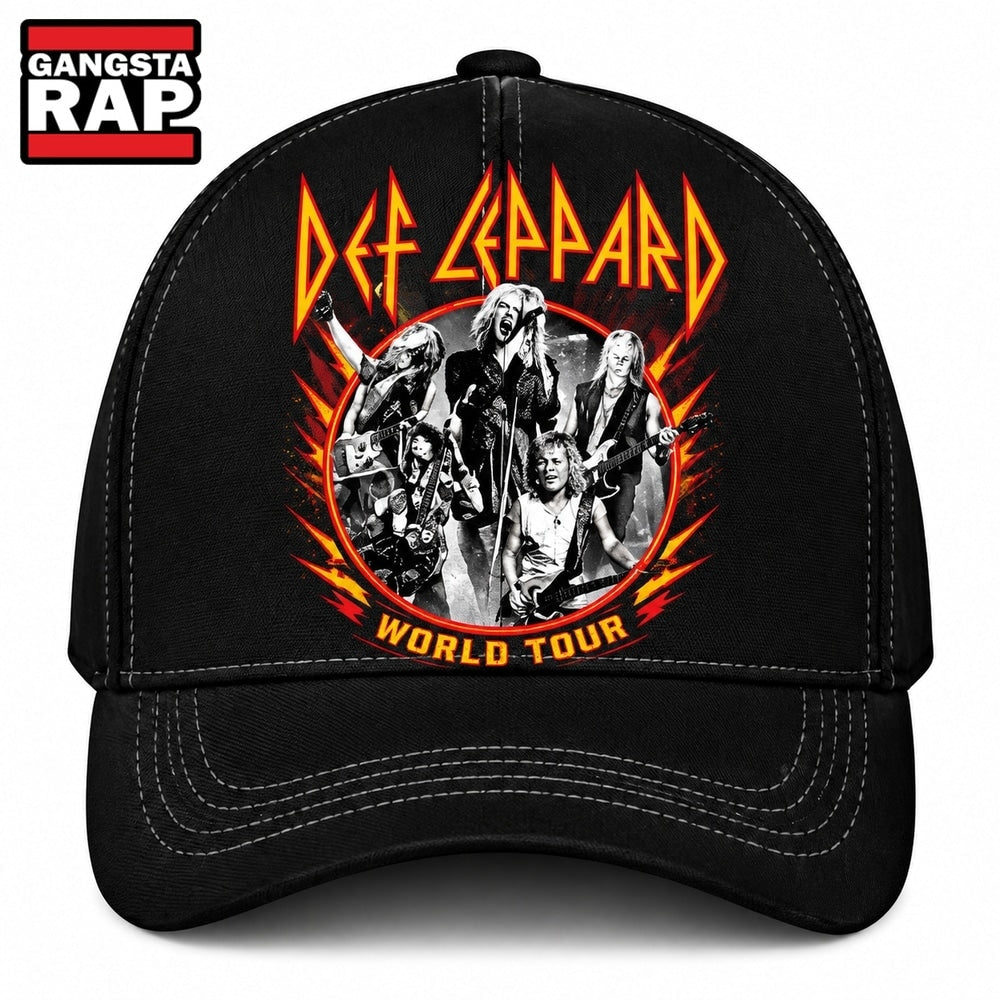 Def Leppard World Tour Band Photo Flame Graphic Classic Baseball Cap, Trendy Music Baseball Cap