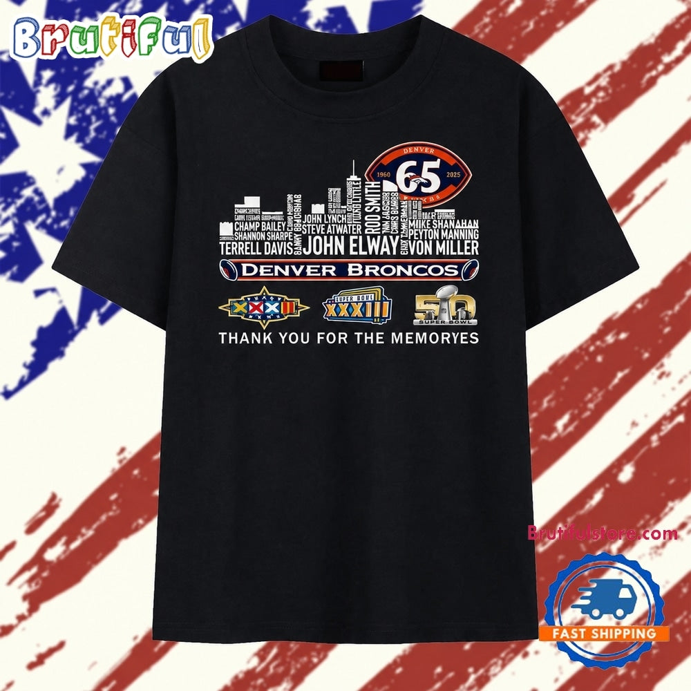 Denver Broncos 65th Anniversary Skyline Signatures Football T Shirt