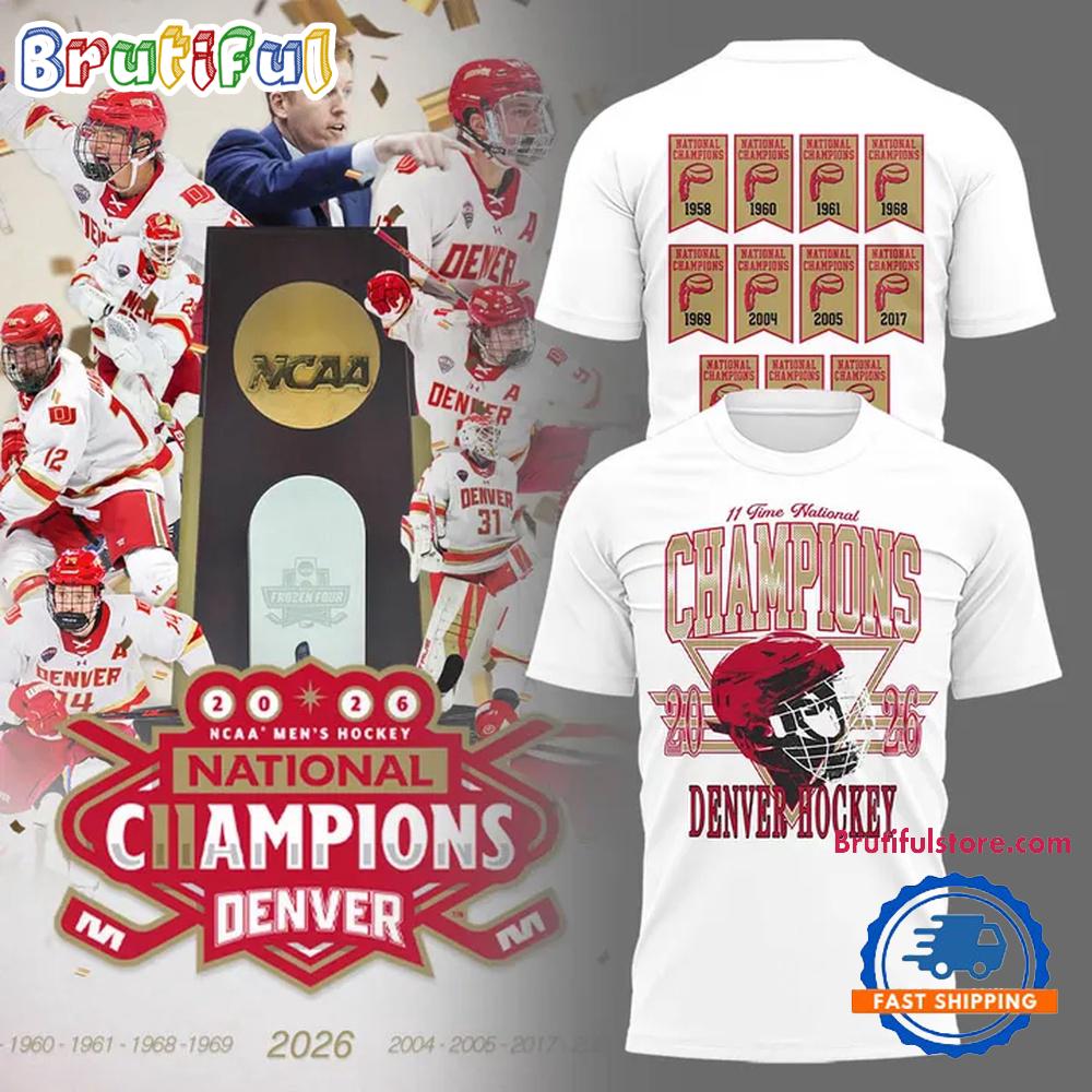 Denver Pioneers 2026 NCAA Frozen Four Men’s Ice Hockey National Champions Helmet White T Shirt