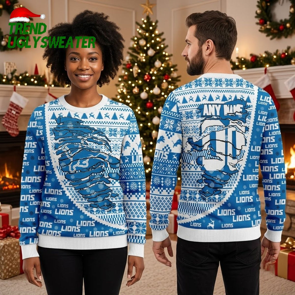 Detroit Lions Any Name Custom Football Helmet Christmas Sweater