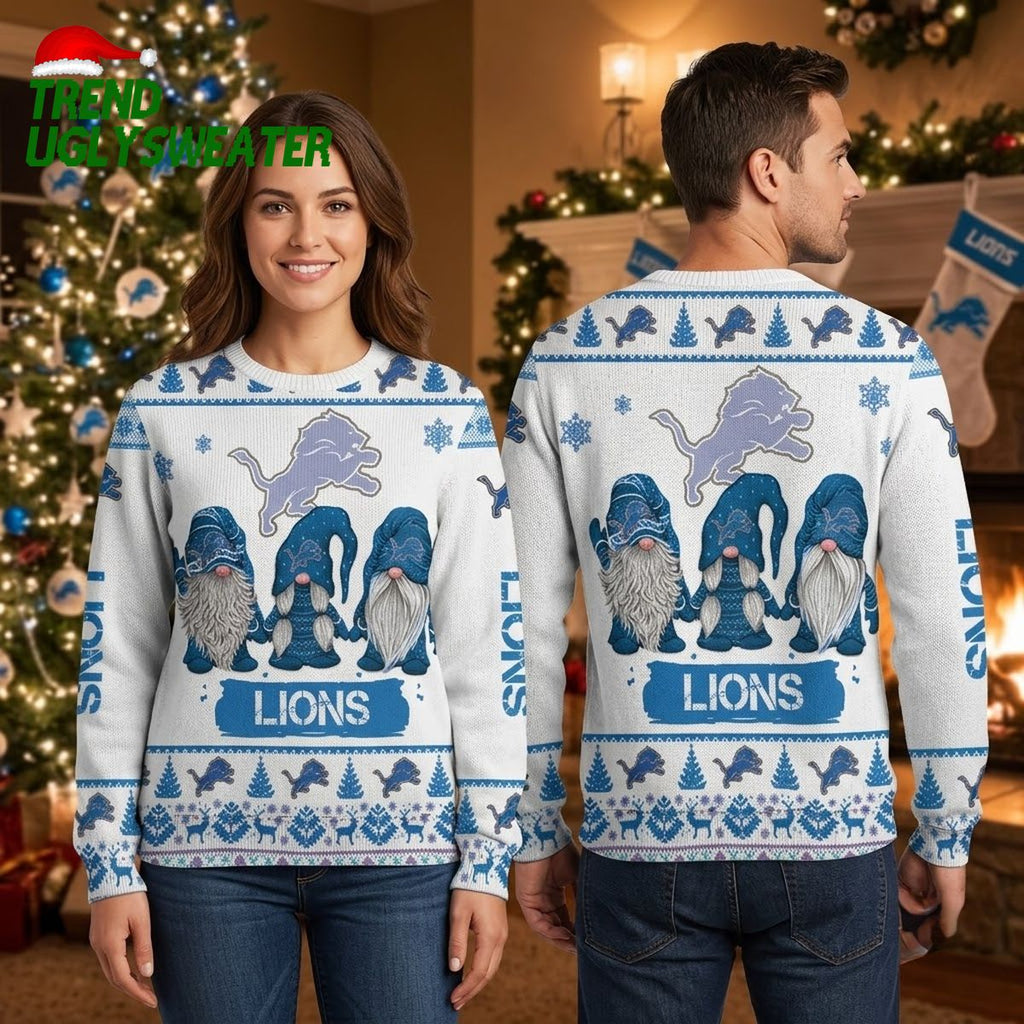 Detroit Lions Christmas Gnomes And Leaping Lion Ugly Christmas Sweater