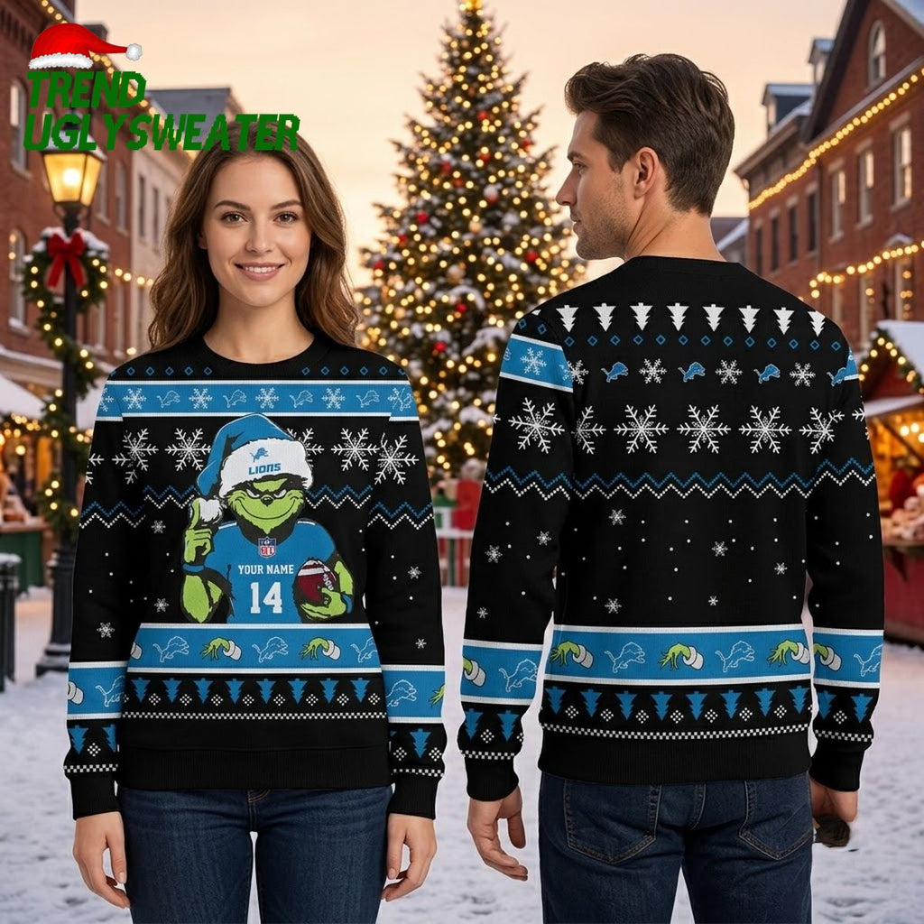 Detroit Lions Grinch Football Player Ugly Christmas Sweater
