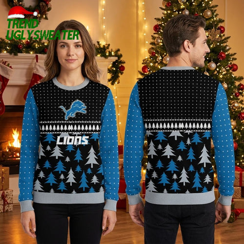 Detroit Lions Leaping Lion And Christmas Trees Ugly Christmas Sweater