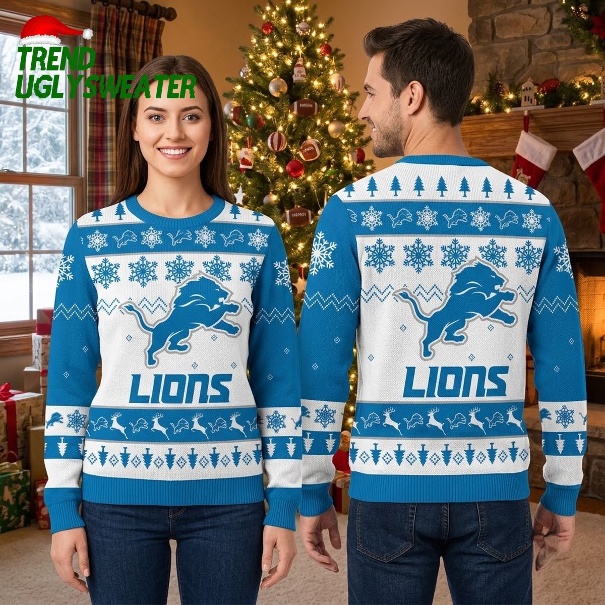 Detroit Lions Leaping Lion Snowflake Knit Christmas Sweater