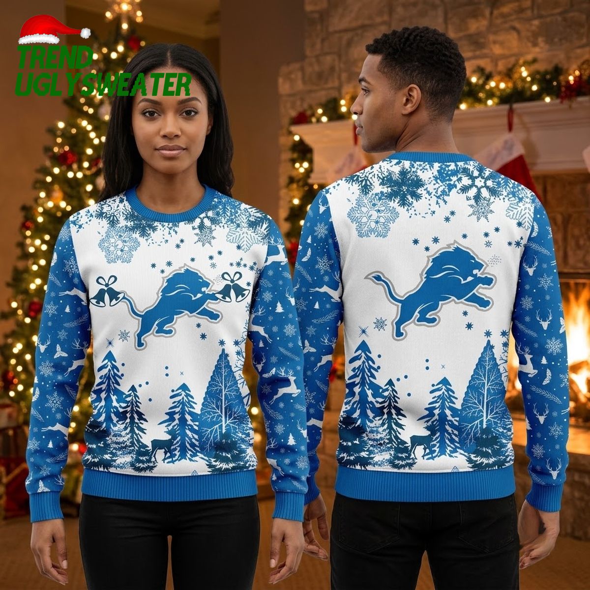 Detroit Lions Leaping Lion Snowy Forest Ugly Christmas Sweater