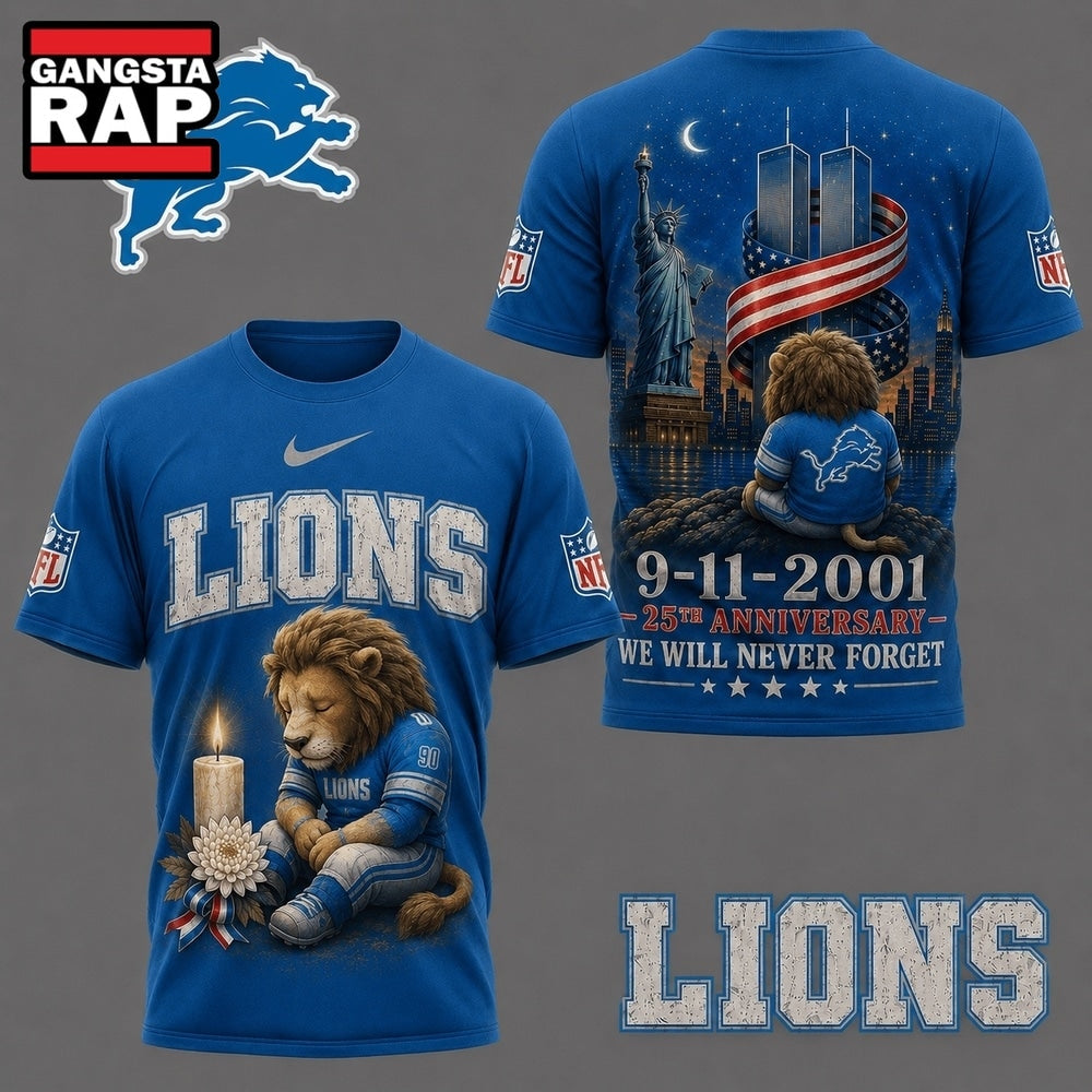 Detroit Lions NFL 9 11 25th Anniversary Never Forget Memorial 3D T Shirt, Football New Design Shirt