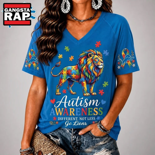 Detroit Lions NFL Different, Not Less Autism Awareness V neck T Shirt