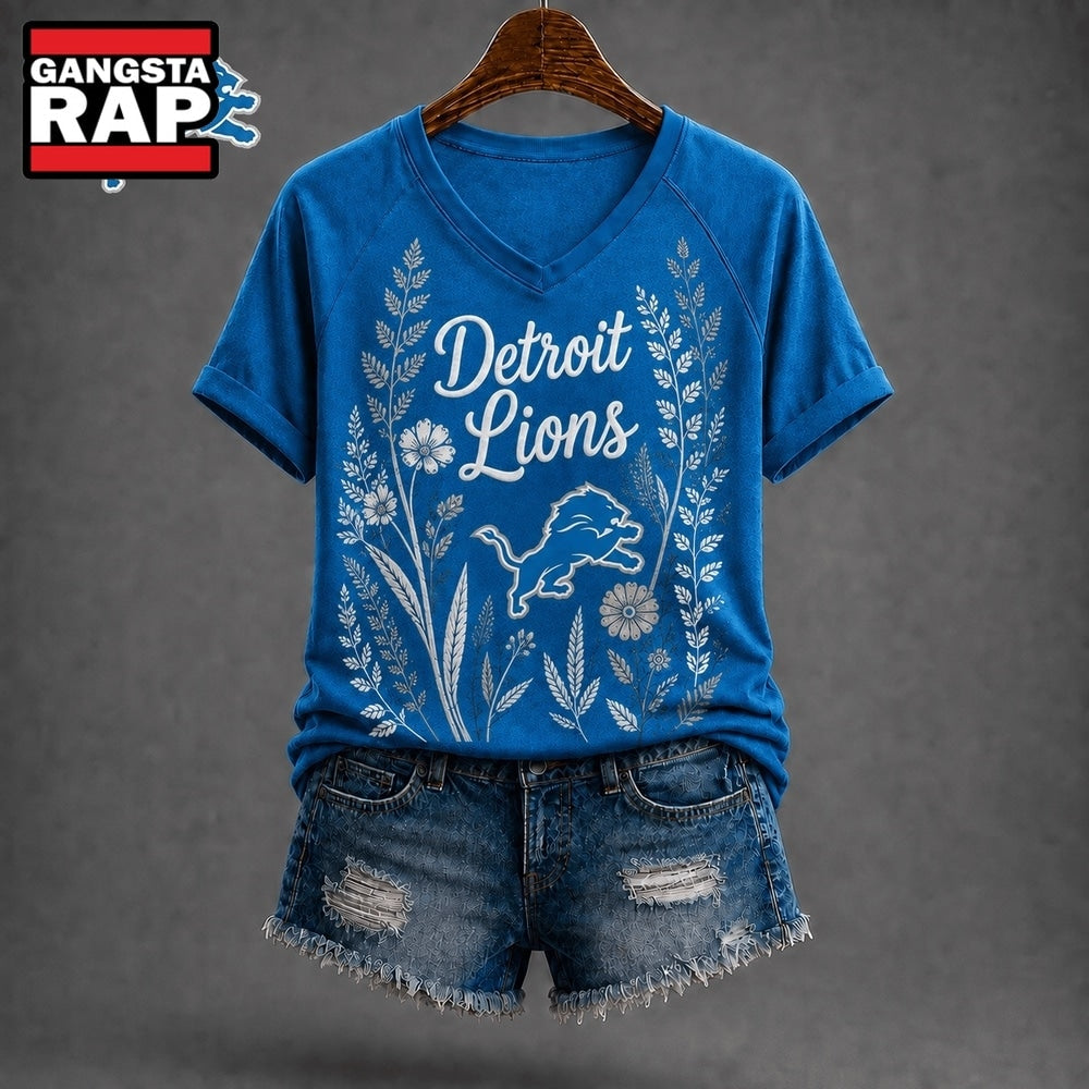 Detroit Lions NFL Floral Garden V Neck T Shirt