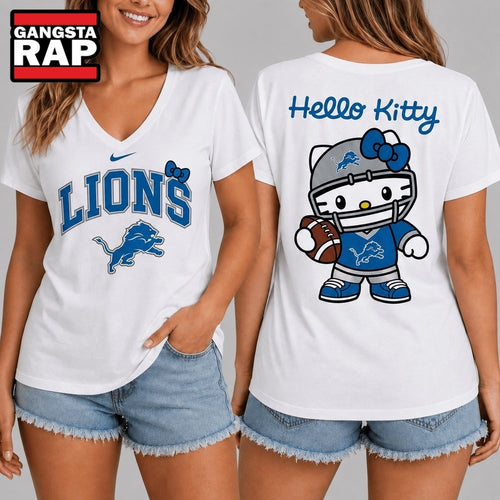 Detroit Lions NFL Hello Kitty Football V Neck T Shirt