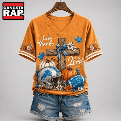 Detroit Lions NFL Thanksgiving Faith And Football V Neck T Shirt