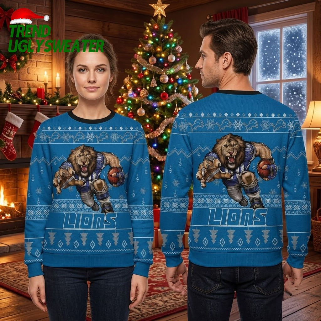 Detroit Lions Rushing Lion Football Player Ugly Christmas Sweater