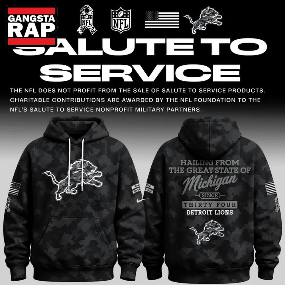 Detroit Lions Salute to Service Camo 2026 Black Hoodie T-Shirt