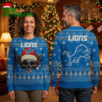 Detroit Lions Santa Hat Skull With Wings Ugly Christmas Sweater