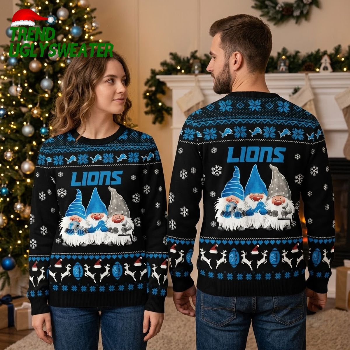 Detroit Lions Three Gnomes Football Ugly Christmas Sweater