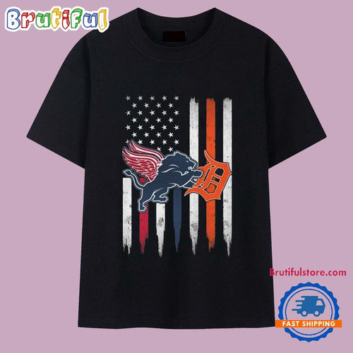Detroit Lions x Detroit Tigers x Detroit Red Wings Logo USA Flag T Shirt