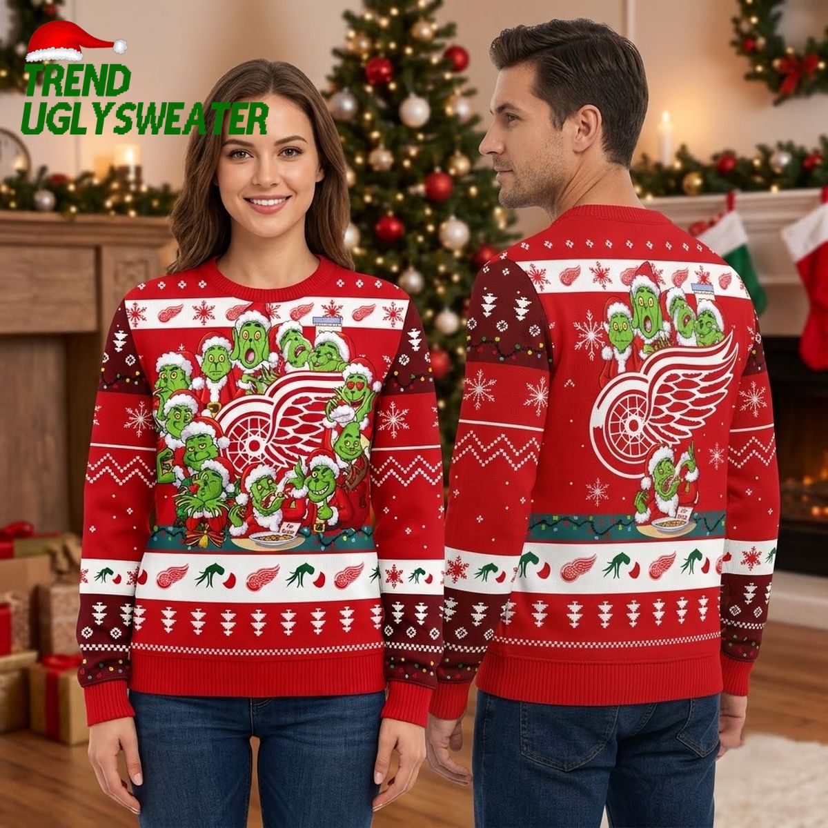 Detroit Red Wings Grinch Characters Around Logo Ugly Christmas Sweater