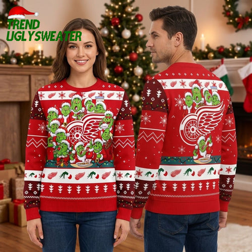Detroit Red Wings Grinch Characters Around Logo Ugly Christmas Sweater